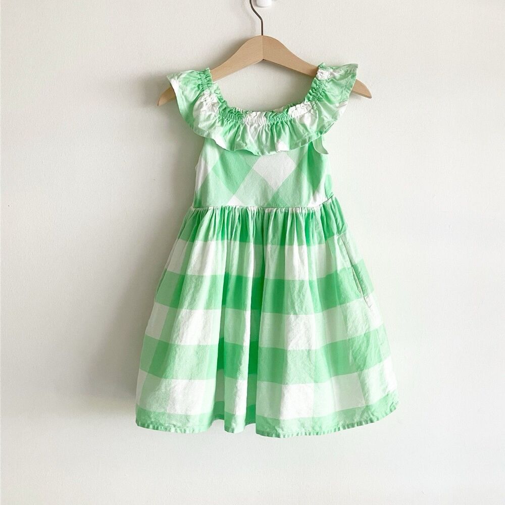 Cat & Jack Gingham Ruffle Dress Girls 3 3T Green White Check Pockets 100% Cotton